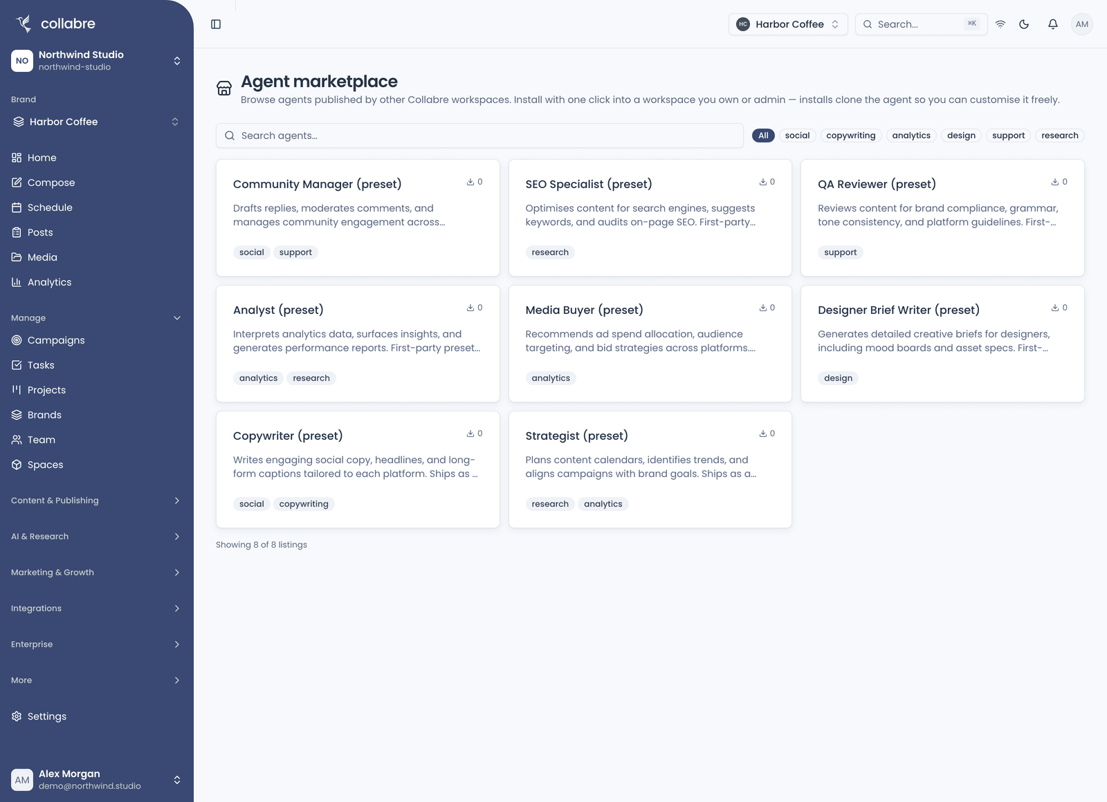 The Agent marketplace on the browse view with the eight seeded listings: the listing cards with their titles, and the install action on one card.