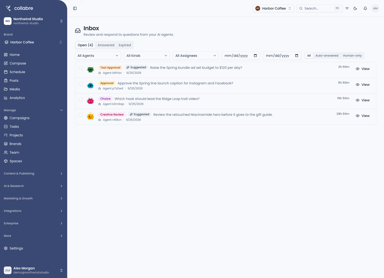 The Inbox on the Open tab with several questions of different types, one past its halfway nudge: the status tabs Open, Answered and Expired, the question type on each card, the Agent that asked, and the deadline.