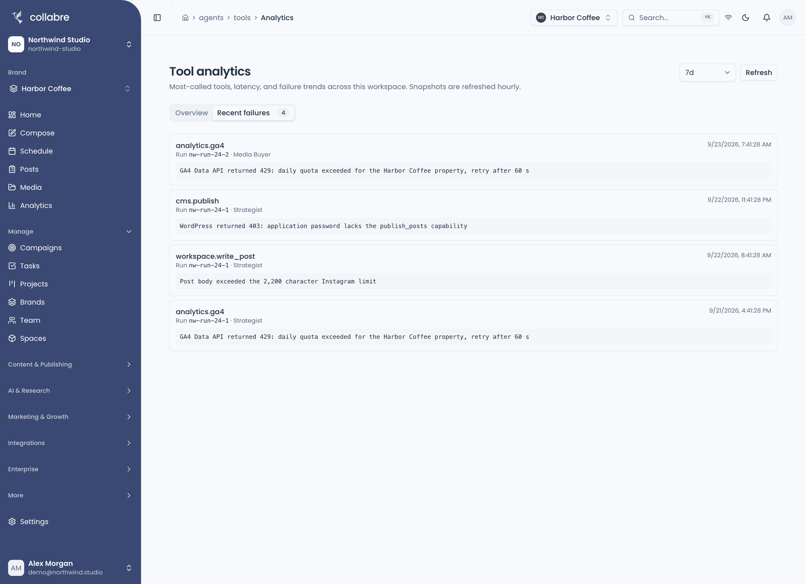 Tool analytics on the Recent failures tab: four failed tool calls, each with the tool name, the run and Agent, the time and the error message.