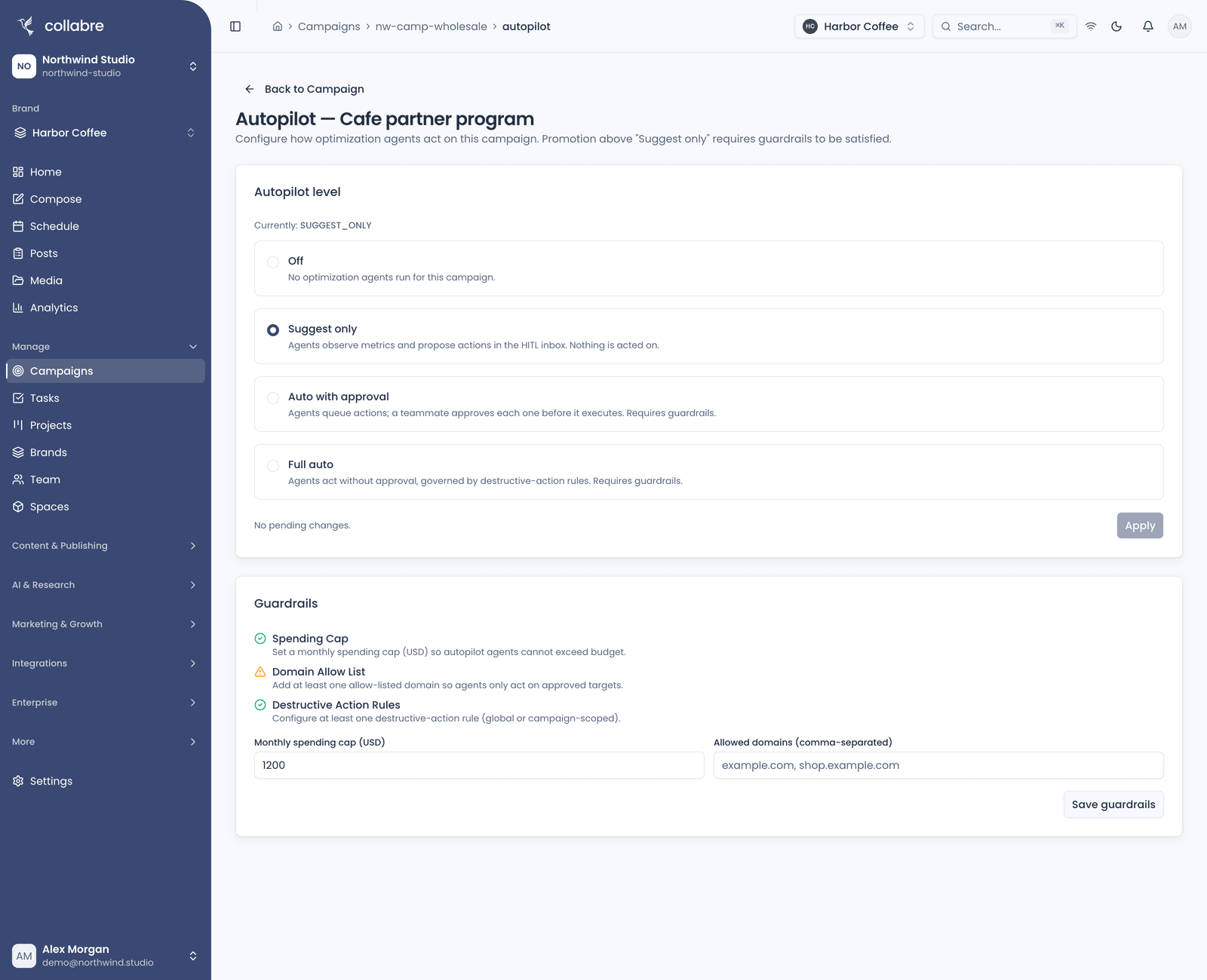 The Campaign Autopilot page with Suggest Only selected and the guardrails partly satisfied: the four Autopilot levels with their descriptions, the guardrail checklist, the monthly spending cap field and the allowed-domains field.