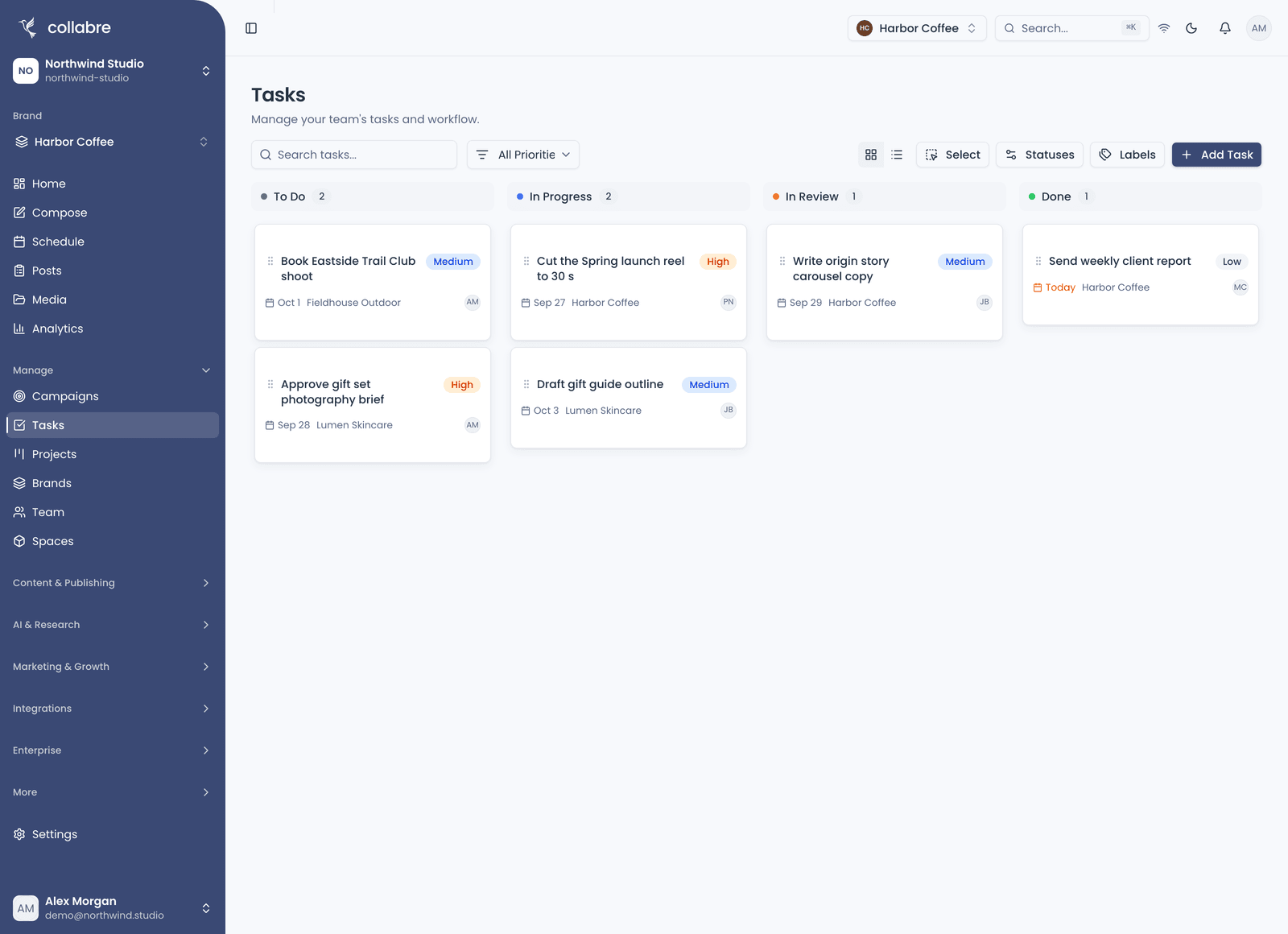 The Tasks board with To Do, In Progress, In Review and Done columns, each task showing its priority, due date, Brand and assignee.