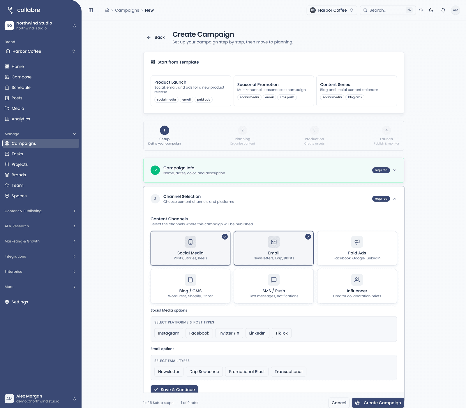 The Campaign creation wizard with Campaign Info complete and the Channel Selection step open: Social Media and Email selected, with the platform and email type options for each.