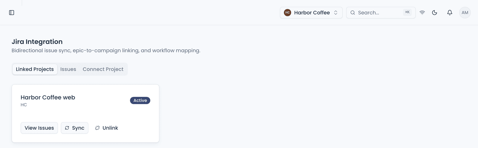 The Jira Integration page on the Linked Projects tab: the bidirectional sync description and one linked project, active, with View Issues, Sync and Unlink actions.