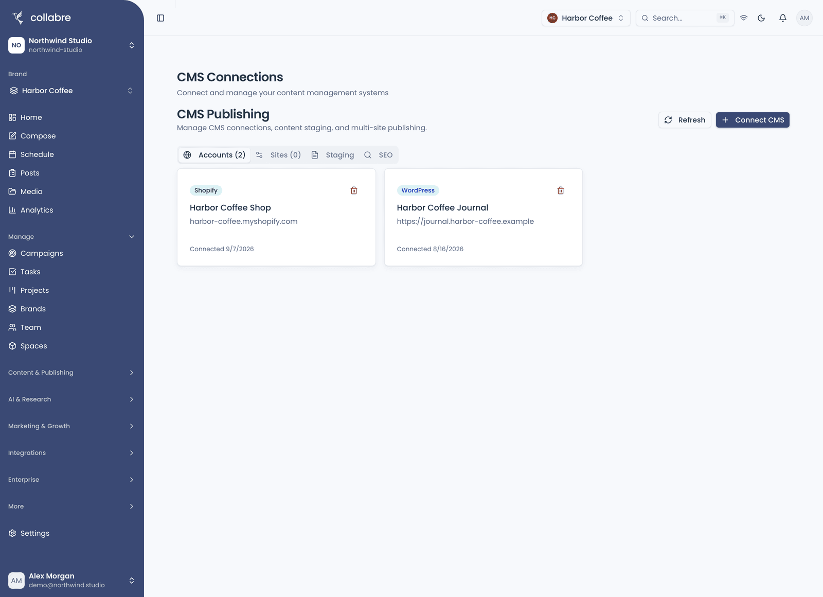 CMS Connections with at least two connected accounts: each card's platform badge, site name, site URL and its Connected date.