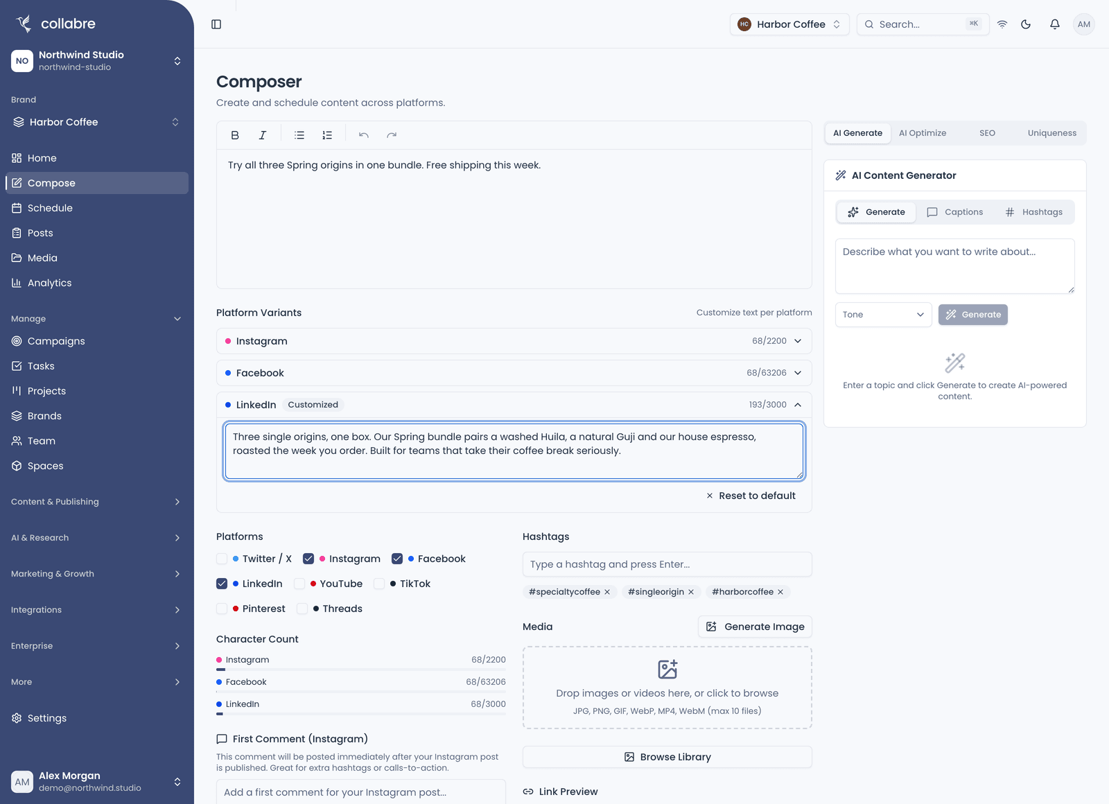 The Composer with a draft targeting Instagram, Facebook and LinkedIn: the LinkedIn variant open with its own custom text, and per-platform character counts.