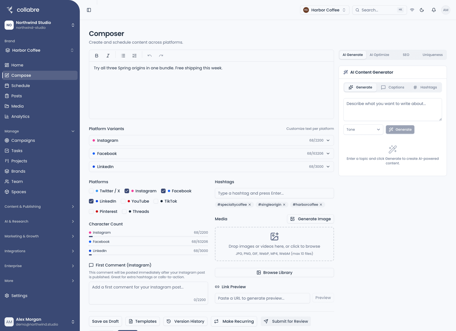 The Composer with an existing draft targeting more than one platform and the AI panel open on AI Generate: the editor with its live character count, the platform selector, the AI panel tab row showing AI Generate, AI Optimize, SEO and Uniqueness, and the action row.