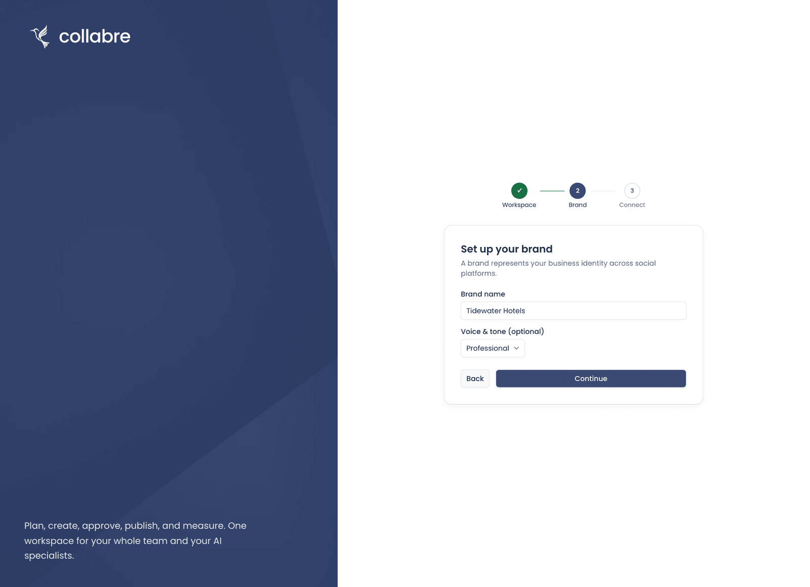 The onboarding wizard on step two, with the Brand form filled in, showing the three step markers, the current step label and the form fields for the Brand.