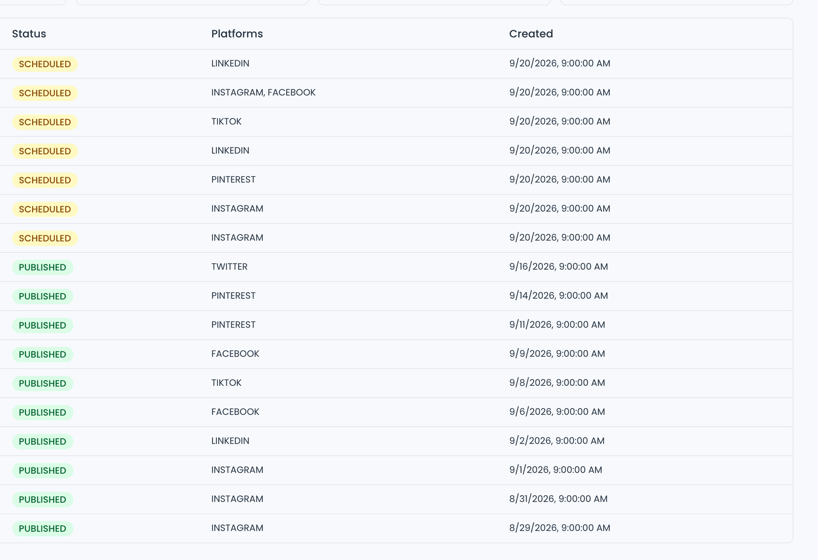 The recent-jobs table of the publishing Queue Dashboard: the Status, Platforms and Created columns, with scheduled and published jobs across LinkedIn, Instagram, Facebook, TikTok, Pinterest and X.