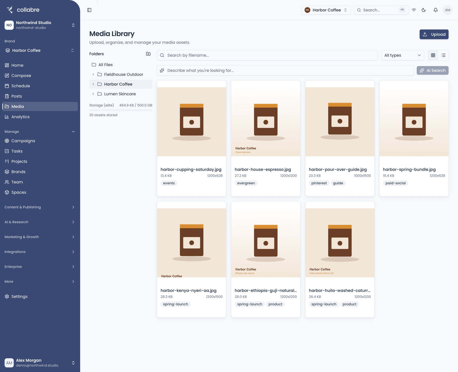 The Media Library filtered to one Brand folder: the folder sidebar, the storage bar with the plan and space used, the filename and AI search fields, and tagged product images.