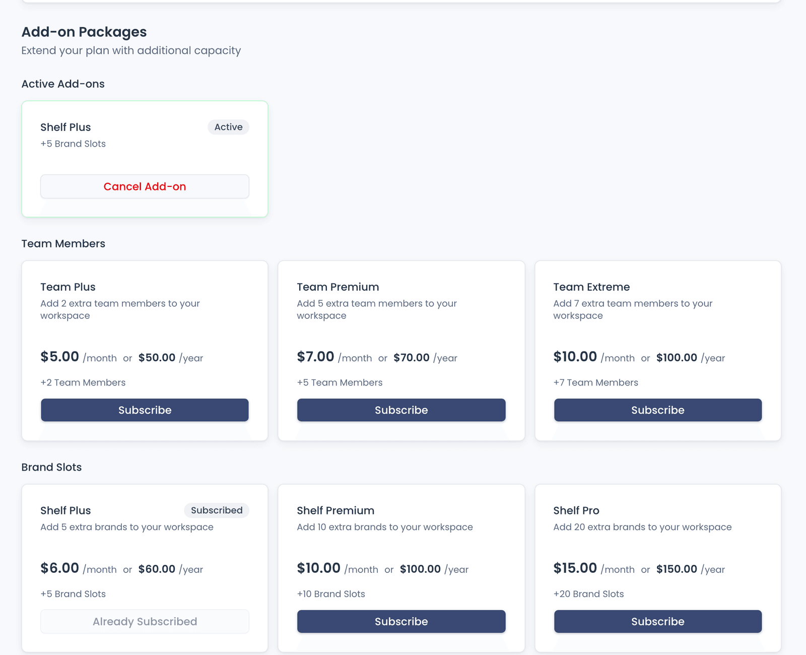 Add-on Packages in Billing: the active Shelf Plus add-on, the team member and Brand slot add-ons, and Shelf Plus marked as subscribed.