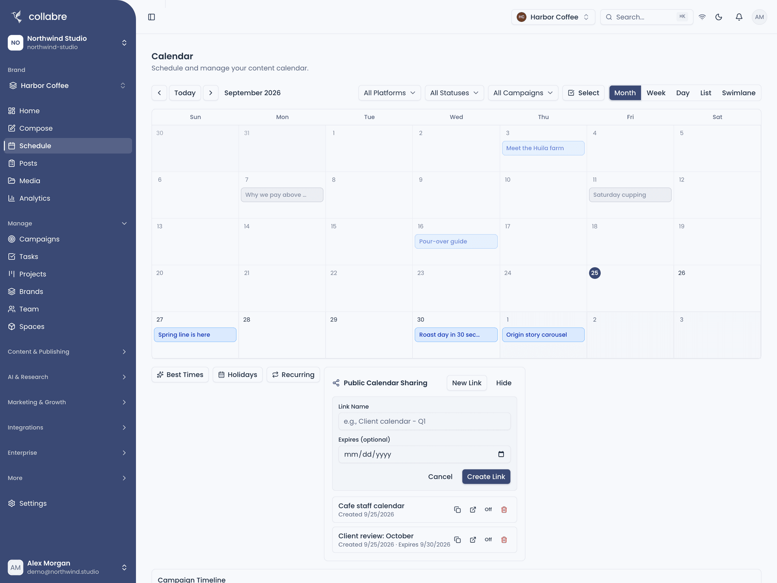 The calendar share panel open with two links, one of them expiring: the Link Name field, the Expires field, and the list of existing links with their copy, open, deactivate and delete controls.