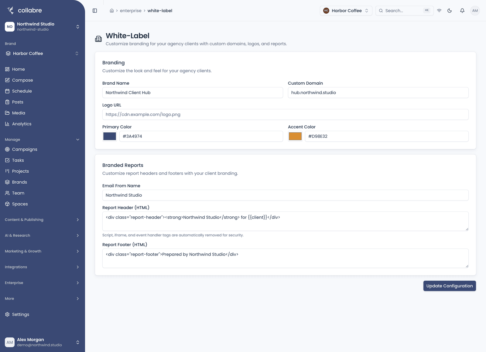 White Label with a saved configuration: the Brand Name and Custom Domain fields filled, the primary and accent color pickers, and the report header field with markup in it.