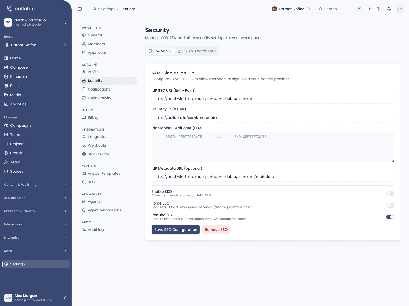 Security settings on the SAML SSO tab: the identity provider fields and the Require 2FA switch turned on for all Workspace members.