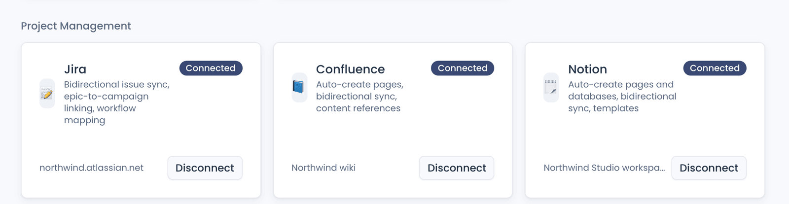 The Project Management section of the Integration Hub: Jira, Confluence and Notion connected, each showing the connected account and a Disconnect action.