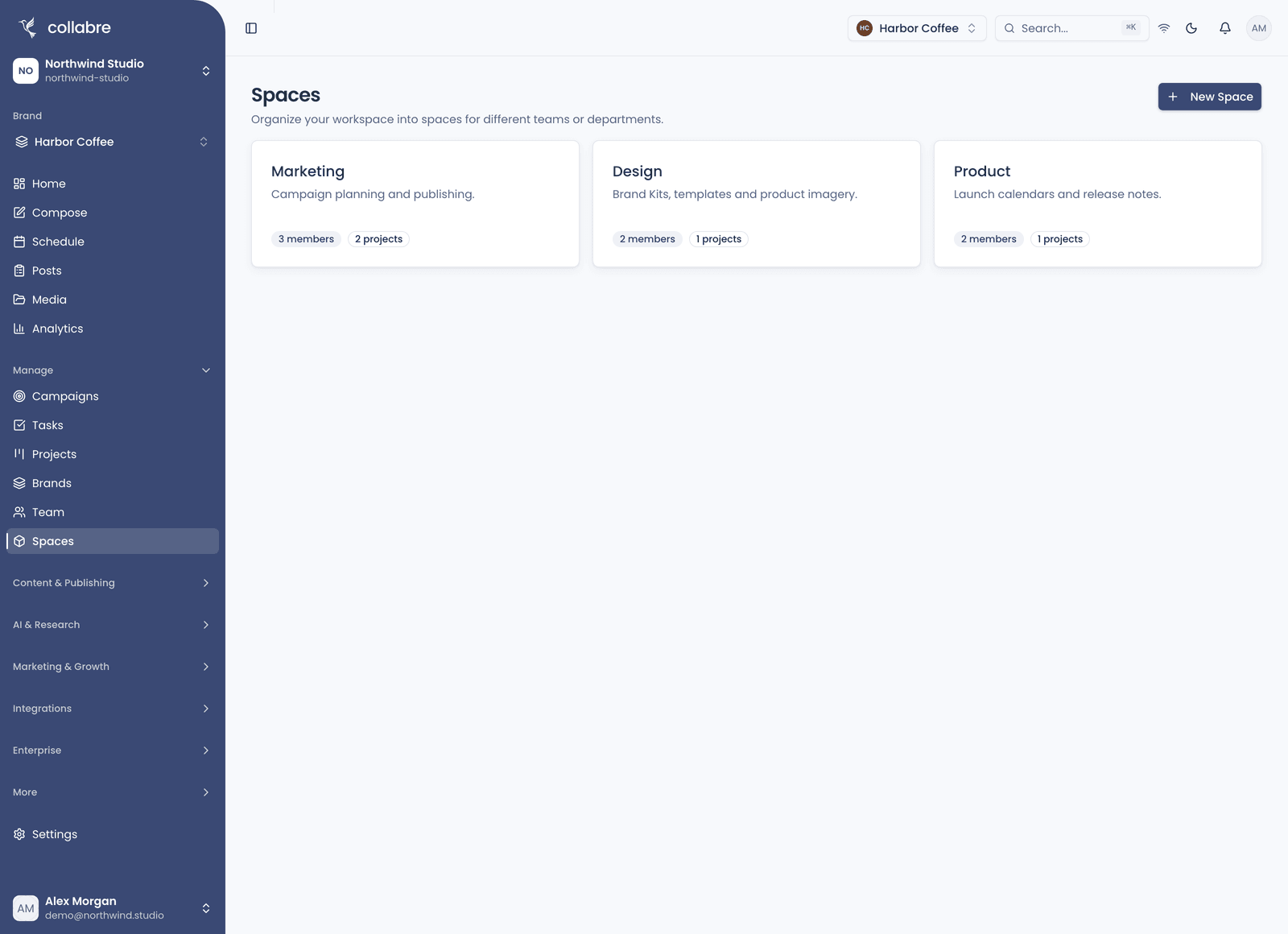 Spaces for Marketing, Design and Product, each with its description, member count and project count.